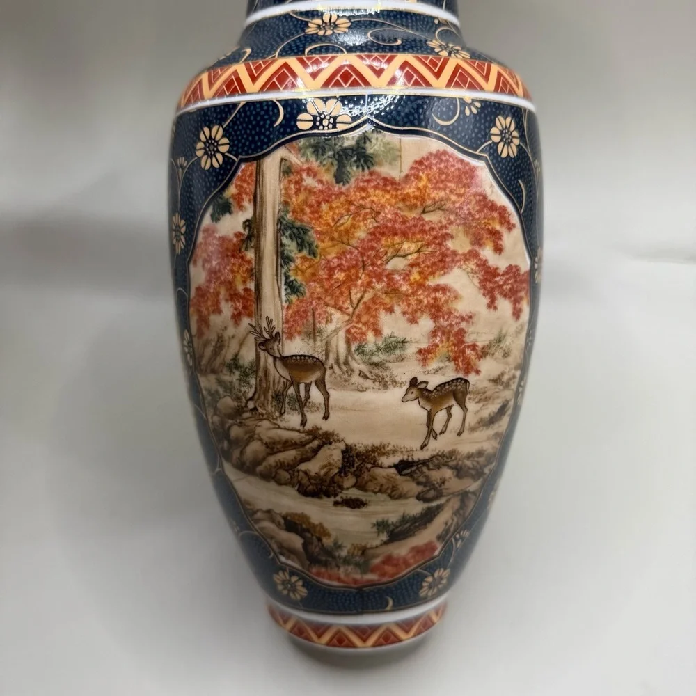 Japanese Style Fall Deer Blue Porcelain Decorative Ceramic Vase 10” Tall